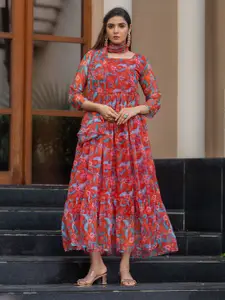 Rujave Floral Print Applique Georgette Maxi Dress