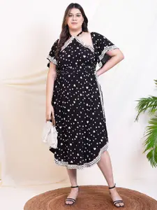 DEEBACO Polka Dot Printed Halter Neck Bell Sleeve Fit & Flare Maxi Dress