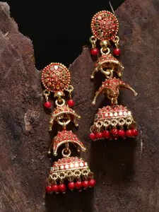ANIKAS CREATION Gold Plated Beaded Dome Shaped Enamelled Jhumkas