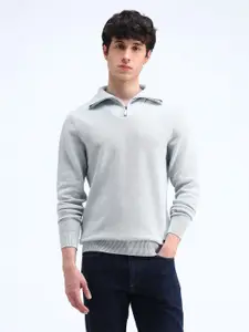 Flying Machine Men Self Design Cable Knit Pullover Pure Cotton Ribbed Sweater