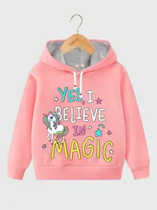 KUCHIPOO Girls Typography Printed Hood Fleece Pullover Sweatshirt