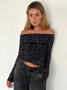 MIAKEE Women Self Design Strapless Bardot Top With Bow Detailing