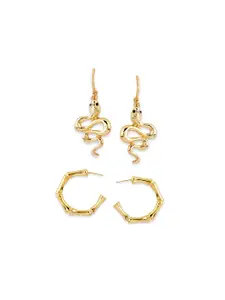 Rubans Set of 2 18K Gold Plated Bamboo Hoop & Snake Drop Earrings - Unique Statement Set