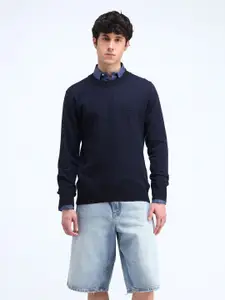 Flying Machine Men Typography Printed Round Neck Pure Cotton Pullover Sweater