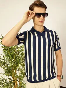 Thomas Scott Men Bio Finish Striped Polo Collar Cotton T-shirt