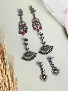 PANASH Pack Of 6 Silver Plated Cubic Zirconia Studded Drop Earrings