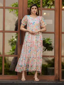Rujave Floral Print Applique Georgette Maxi Dress