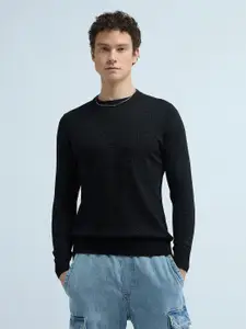 Flying Machine Men Brand Logo Printed Pullover Ribbed Pure Cotton Sweater