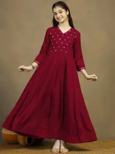 FASHION DREAM Girls Solid Embroidered Anarkali Fit and Flare Cotton Ethnic Dress