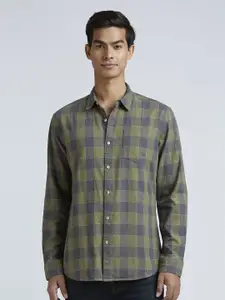 Pepe Jeans Men Spread Collar Tartan Checked Linen Blend Casual Shirt