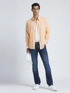 Pepe Jeans Men Spread Collar Grid Tattersall Checked Cotton Casual Shirt