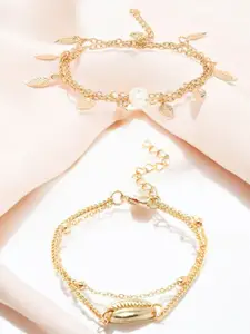fabula Set Of 2 Gold-Plated Stone Studded & Beaded Anklets