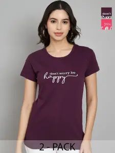 Trend Level Women Pack Of 2 Typography Printed Round Neck Cotton T-shirts