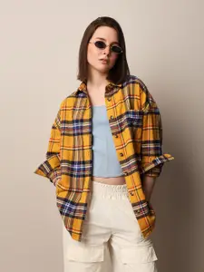 ONLY Women Spread Collar Checked Cotton Oversized Casual Shirt