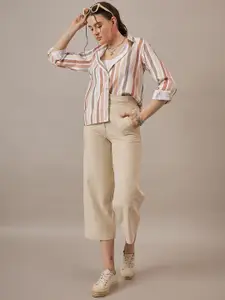 The Roadster Lifestyle Co. Women Spread Collar Vertical Striped Crepe Casual Shirt