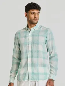 Snitch Men Smart Button-Down Collar Tartan Checked Linen Casual Shirt
