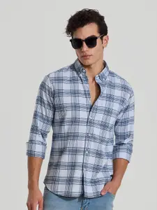 Snitch Men Smart Button-Down Collar Tartan Checked Cotton Casual Shirt
