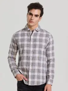 Snitch Men Smart Spread Collar Tartan Checked Linen Casual Shirt
