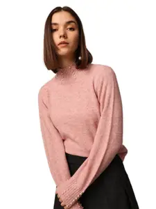 ONLY Women Solid Pullover Embellished Ribbed Sweater