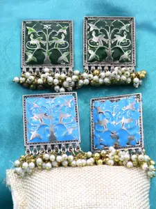 VAGHBHATT Set of 2 Square Shaped Oxidised Beaded Drop Earrings