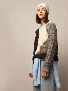 ONLY Women Colourblocked Fuzzy Pullover Ribbed Sweater