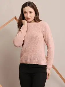 NoBarr Women Ribbed Self Design Round Neck Nylon Pullover Ribbed Sweater