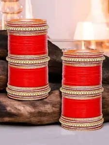 LUCKY JEWELLERY Stone-Studded Punjabi Chura  Bridal Wedding Bangle Set