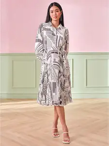 AND Abstract Printed Shirt Collar A-Line Midi Dress