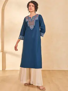Global Desi Ethnic Motifs Yoke Design Mirror Work Pure Cotton Straight Kurta