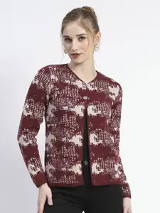 Madame Women Quirky Printed Ribbed Cardigan Sweater