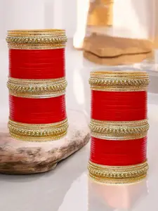 LUCKY JEWELLERY Set of 80 Stone-Studded  Punjabi Chura Bridal Bangle