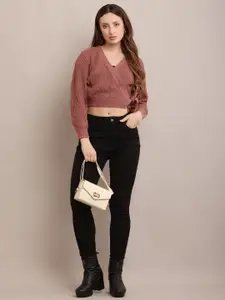 NoBarr Women Open Knit V-Neck Front-Open Sweater