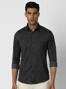 V Dot Men Spread Collar Abstract Printed Slim Fit Casual Shirt