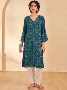 Global Desi Geometric Printed Flared Sleeves A-Line Kurta