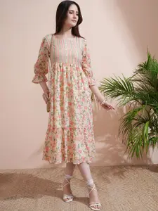 Vishudh Women Floral Printed Flared Sleeve Fit and Flare Midi Dress