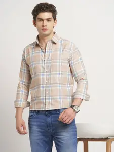 TRYBUY.IN Men Standard Spread Collar Tartan Checked Cotton Casual Shirt
