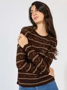 Styli Women Regular Length Regular Fit Striper Textured Pattern Sweater