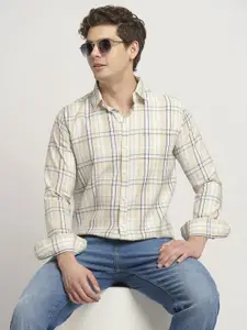 TRYBUY.IN Men Standard Spread Collar Windowpane Checked Cotton Casual Shirt
