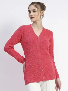 Madame Women Self Design Cable Knit Ribbed Cardigan Sweater