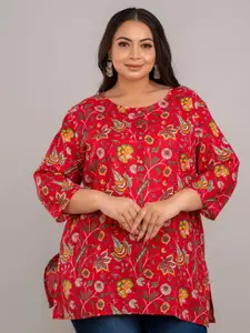 Fashion Zest Women Plus Size Floral Printed Round Neck Short Kurti