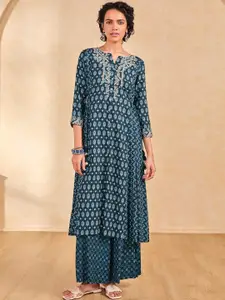 Global Desi Geometric Printed Thread Work A-Line Kurta
