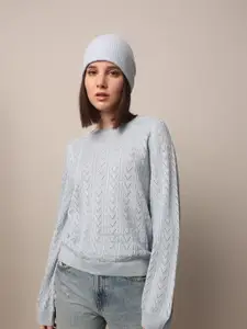 ONLY Women Self Design Open Knit Pullover Ribbed Sweater