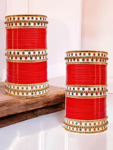 LUCKY JEWELLERY Stone-Studded Punjabi Chura Bridal Wedding Bangle Set