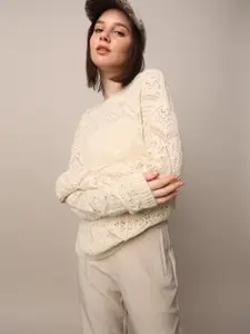 ONLY Women Self Design Open Knit Pullover Ribbed Sweater