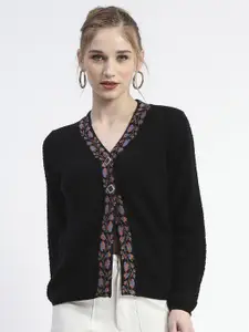 Madame Women Self Design Cable Knit Ribbed Cardigan Sweater