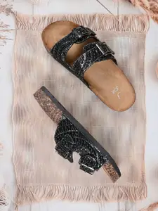 Jove Women PU Embellished Open Toe Flats