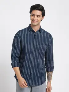 Blue Buddha Men Comfort Spread Collar Vertical Striped Cotton Slim Fit Casual Shirt