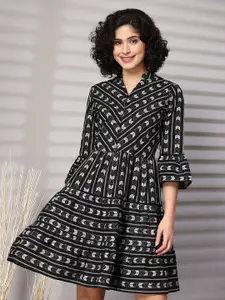 plusS Women Geometric Printed Bell Sleeves Fit & Flare Dress