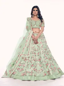 ODETTE Floral Embroidered Beads and Stones Net Semi-Stitched Lehenga & Blouse With Dupatta
