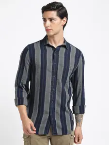 Blue Buddha Men Comfort Spread Collar Vertical Striped Cotton Slim Fit Casual Shirt